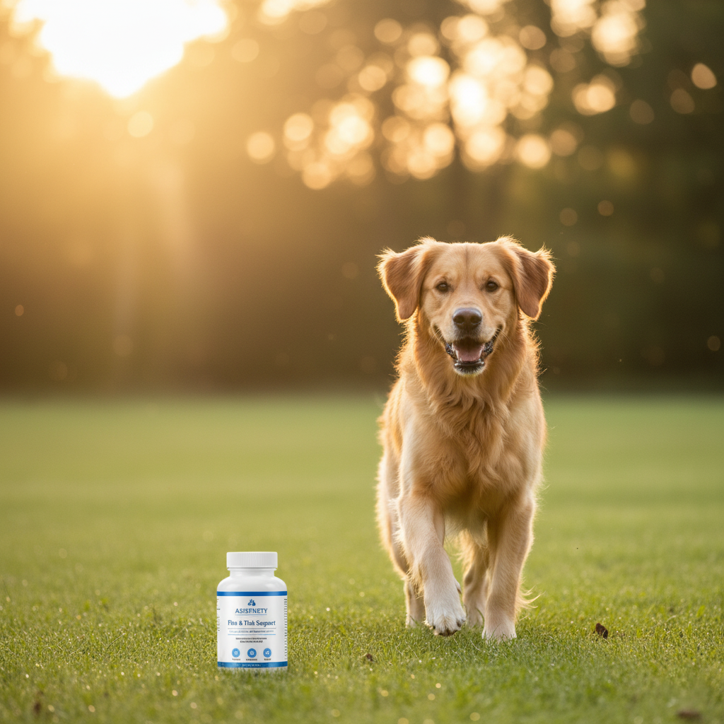 ASISTNETY Flea & Tick Support — natural flea and tick supplement for dogs with vitamins and fish oil, available at PurePupper
