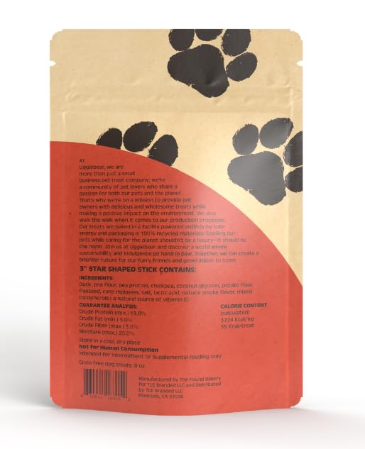 Uggiebear Grain Free Dog Treats, All Natural, Made in The USA, Duck Chewy Jerky Sticks, Soft & Chewy, Low Calorie Healthy, 100% Recycled Packaging