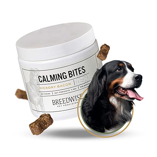Breedwise Pet Provisions Dog Calming Treats, All Natural Holistic Dog Anxiety Relief Bites, Hickory Bacon Flavor, Stress Reducing, 210g (60 Chews, Hickory Bacon)