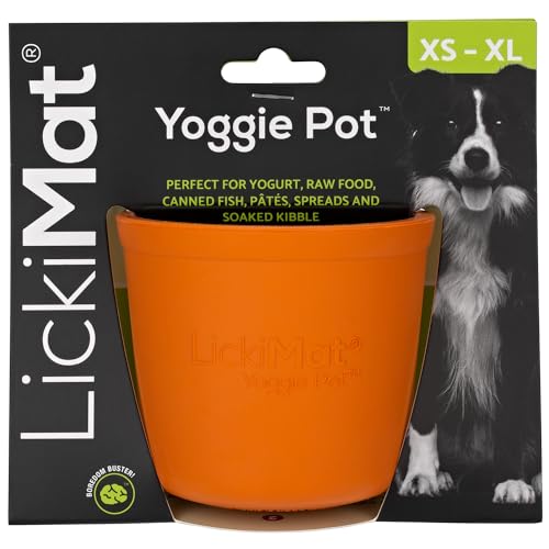 LICKIMAT Yoggie Pot - Distraction, Fun and Enrichment. Long Lasting Rubber Licking Treat Dispenser for All Dog Sizes and Slow Feeder for Small Dogs - Orange