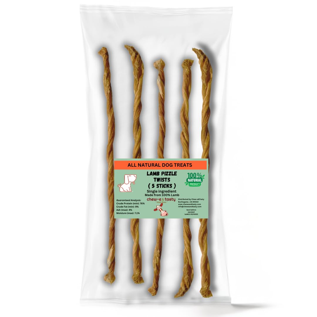 chew-e&tasty Lamb Bully Sticks Twists for Dogs (5 Sticks) | Natural Healthy Chew for Medium and Small Dogs Protein Treats/Dental Health