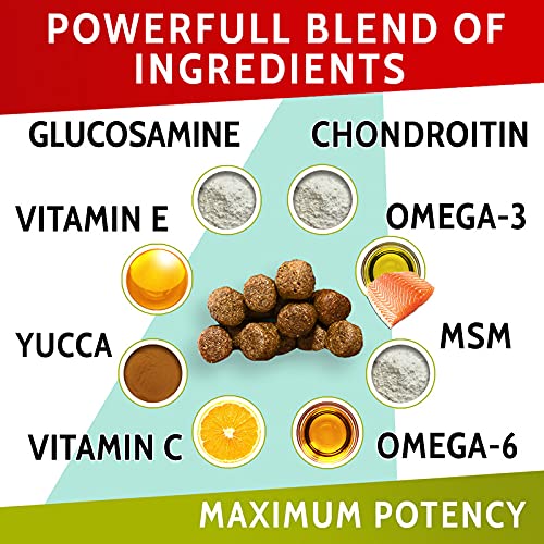 Glucosamine Dog Treats for Picky Eaters - Joint Supplement w/Chondroitin, MSM, Omega-3 - Joint Pain Relief - Advanced Formula - Chicken Flavor - 180 Ct - Made in USA