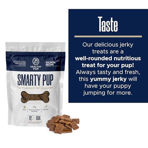 Smarty Pup Salmon Jerky - 12 oz of Fruit, Veggies, and Fish Dog Treats – Puppy Jerky Made with Apples, Carrots, Sweet Potato, Wild Alaskan Salmon, Blueberries, Cranberries, and More