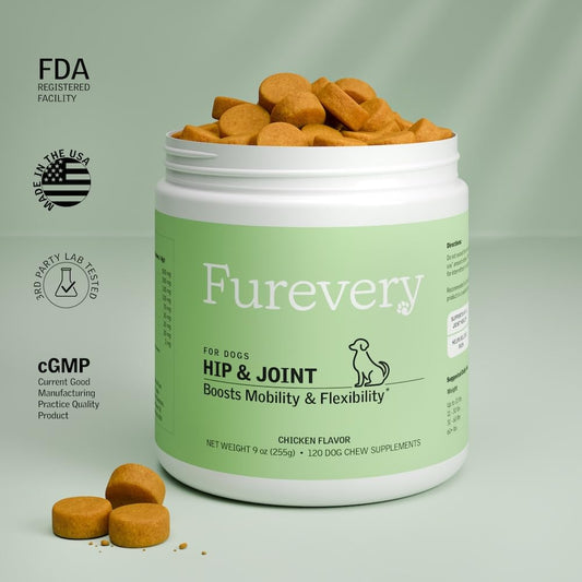 Furevery Hip & Joint Dog Supplement Chews, Chicken Flavor, 120 Count, Glucosamine, Chondroitin, MSM, Hemp Seed Oil & Turmeric, Joint Mobility, Flexibility & Comfort, Dogs of All Ages