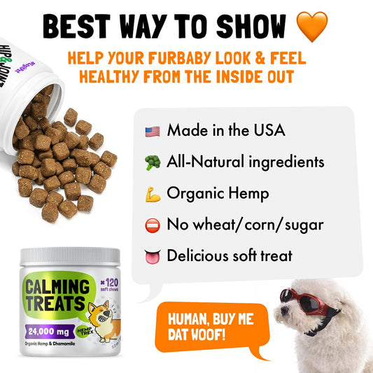 Calming Hemp Treats for Dogs - Made in USA with Organic Hemp - Dog Anxiety Relief - Natural Separation Aid - Helps with Barking, Chewing, Thunder, Fireworks, Aggressive Behavior - 120 Soft Chews