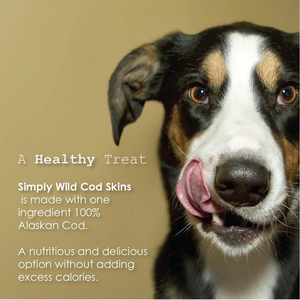 Simply Wild Cod Skins Alaskan Cod Fish Training Treats for Dogs-Dehydrated Fish, All Natural Human Grade Skins - Low Fat Treat Sustainably Sourced in USA (6.6 Oz)