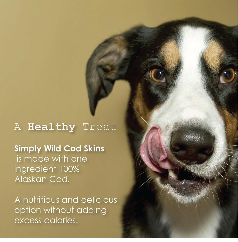 Simply Wild Cod Skins Alaskan Cod Fish Training Treats for Dogs-Dehydrated Fish, All Natural Human Grade Skins - Low Fat Treat Sustainably Sourced in USA (6.6 Oz)