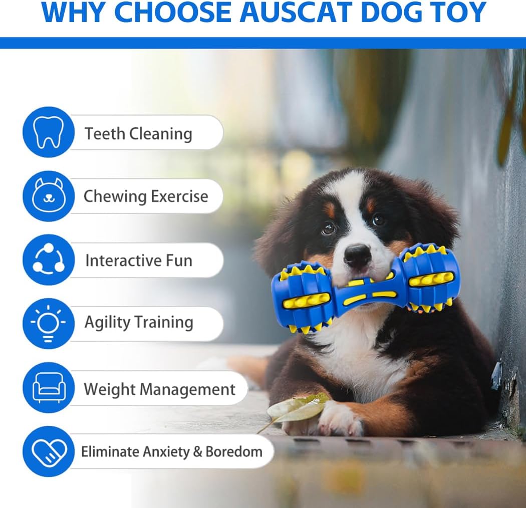 AUSCAT Teething Dog Toys, Durable Squeaky Dog Toys, Rubber Chew Toys for Dogs, Dumbbell Shape, Blue