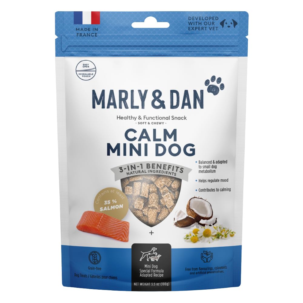 Marly & Dan Small Breed Calming Dog Treats for Small Dogs, Functional Mini Dog Treats Made in France with Salmon, Chamomile, and Sweet Potato for Anxiety, Stress, & Relaxation, 3.5 oz Bag