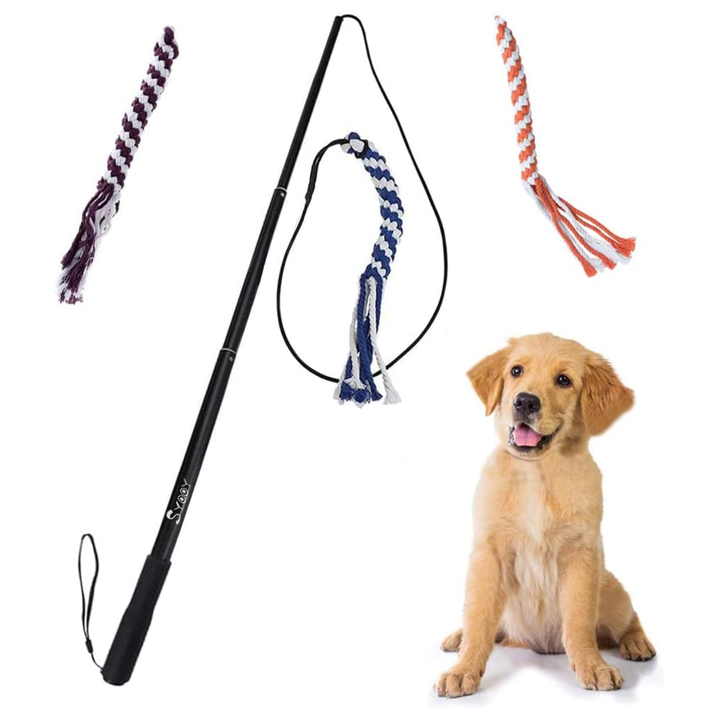 SYOOY Flirt Pole for Dogs, Interactive Dog Toys for Dog Chase and Tug of War, Dog Teaser Wand with 3 Fleece Rope Chew Toy, Pet Flirt Stick Pole for Small Medium Large Dogs Training Exercise