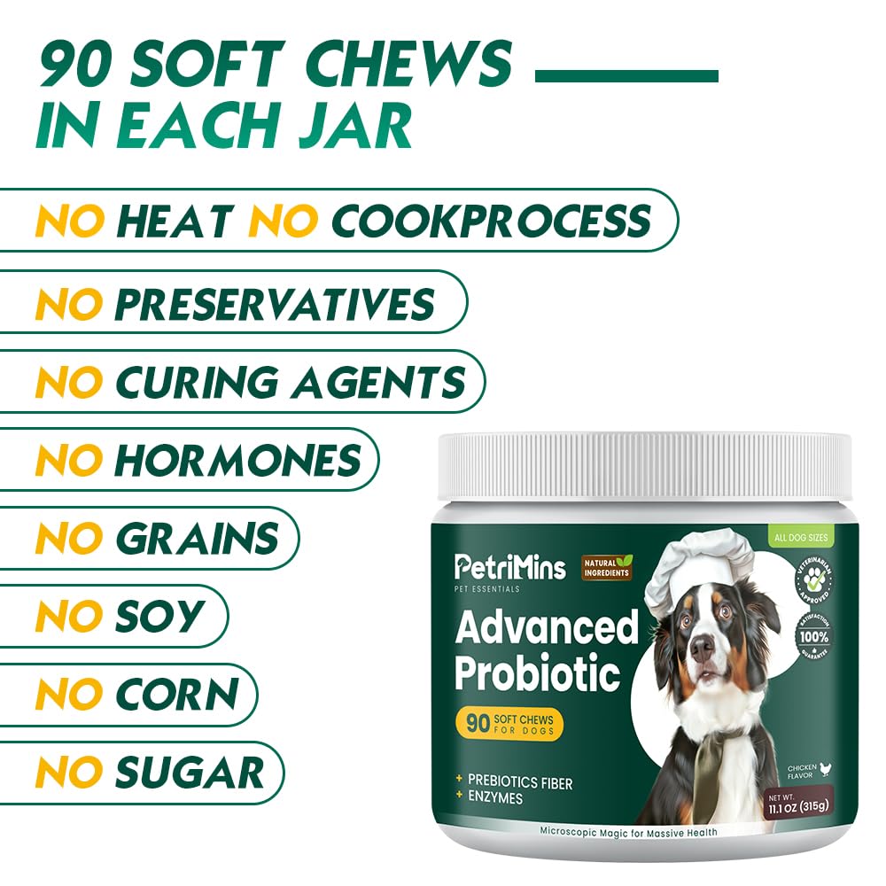 PetriMins Advanced Probiotic for Dogs, Supports Digestive Health, Immune Health, Gut Health, Improves Nutrient Absorption - Six Strains of Probiotics - Inulin - Enzyme Blend, 90-Count, Chicken