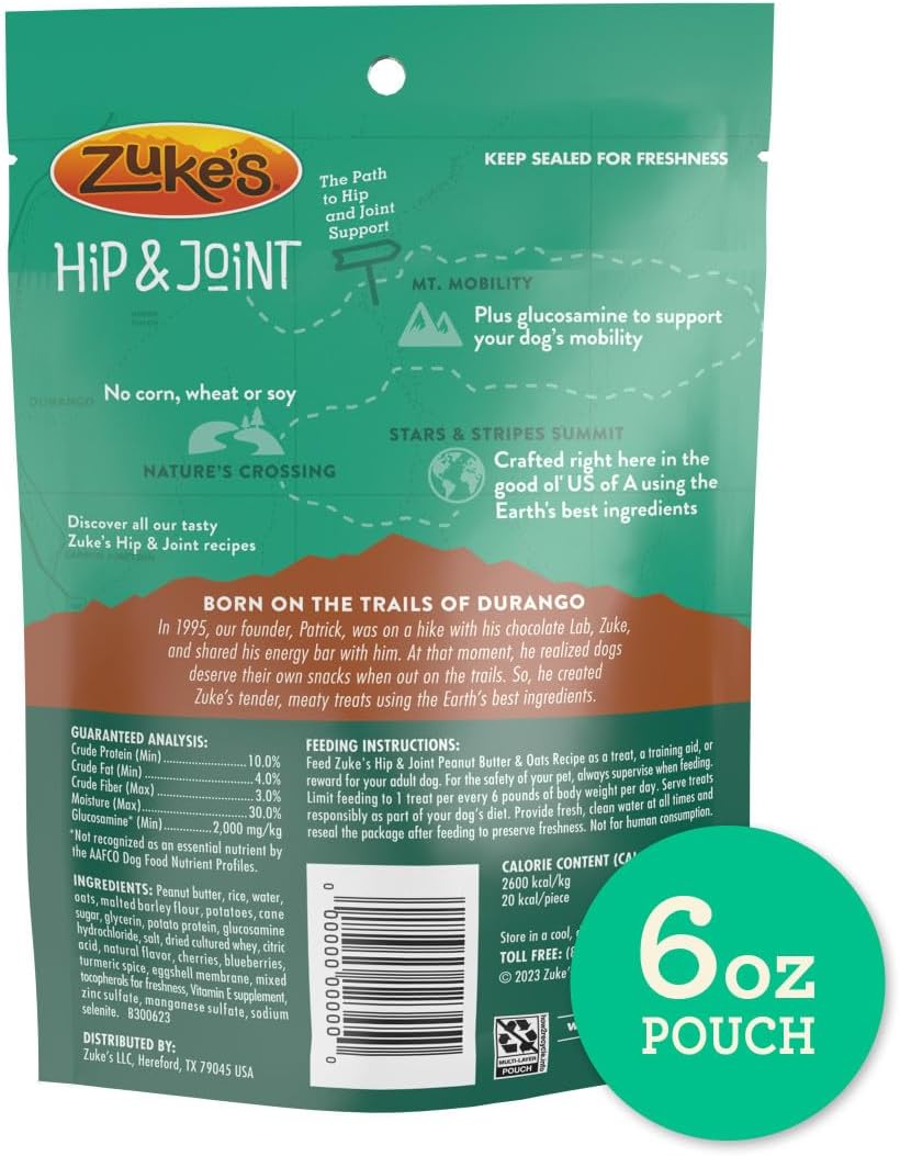Zuke's Hip and Joint Support Dog Treats for Adult Dogs, Senior Dog Treats Made with Real Peanut Butter and Oats, 6 oz. Resealable Pouch - 6 oz. Bag