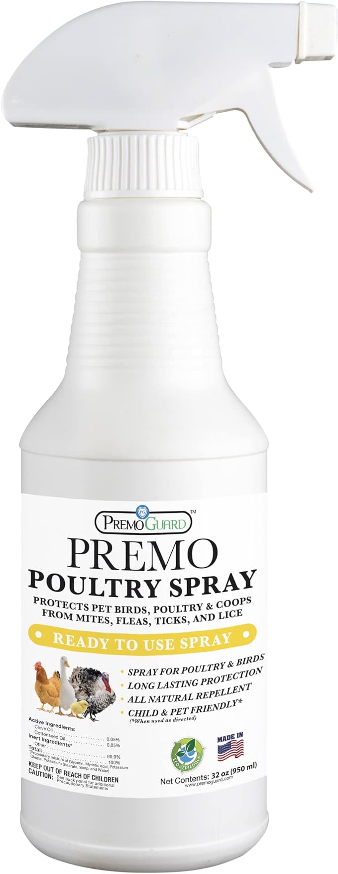 Premo Guard Poultry Spray - 32 oz - Kill Scaly Leg, Mites, Fleas, Lice, & Other Pest on Chickens and in Coops - Natural Plant Based Oils for Control, & Prevention - Family Safe with No Egg Withdrawl