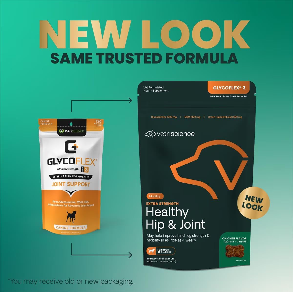 VetriScience Extra Strength Healthy Hip & Joint Chews, GlycoFlex 3, Glucosamine, Green-Lipped Mussel, Joint Support Supplement for Dogs, Promote Mobility & Soothe Joint Discomfort, Chicken, 120 Count