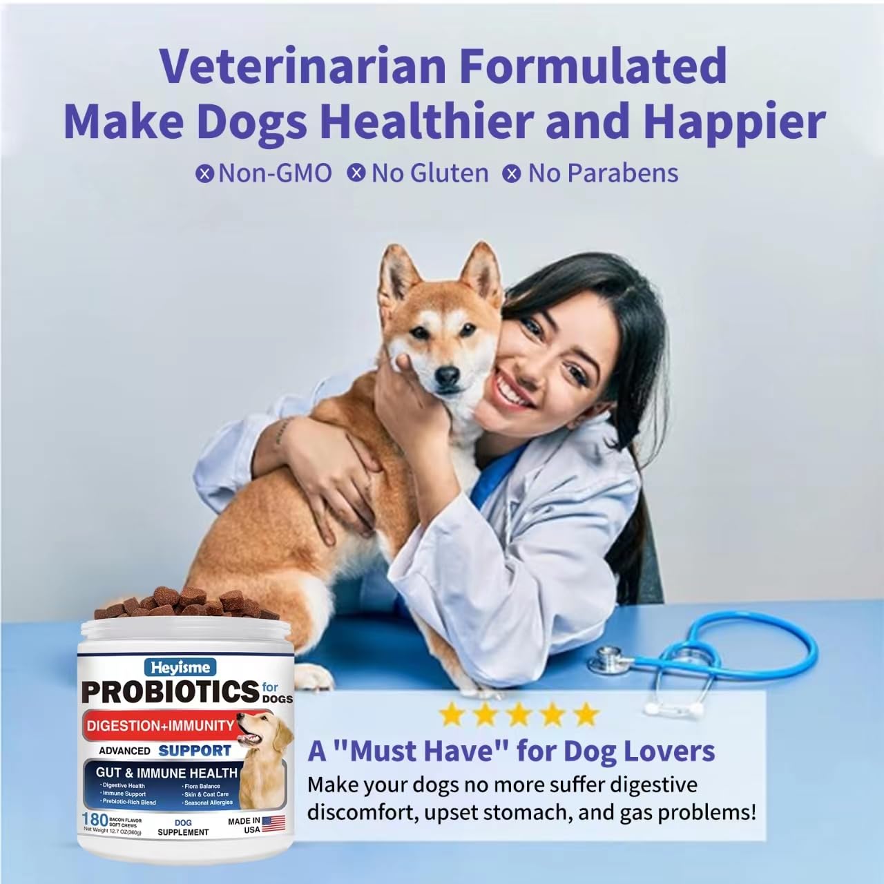 HEYISME Probiotics for Dogs, Improve Yeast Balance, Itchy Skin Itchy Ears, Gut Health, Allergies, Immunity, Dog Probiotics and Digestive Enzymes with Prebiotics - Reduce Diarrhea (180 Chews, Bacon)