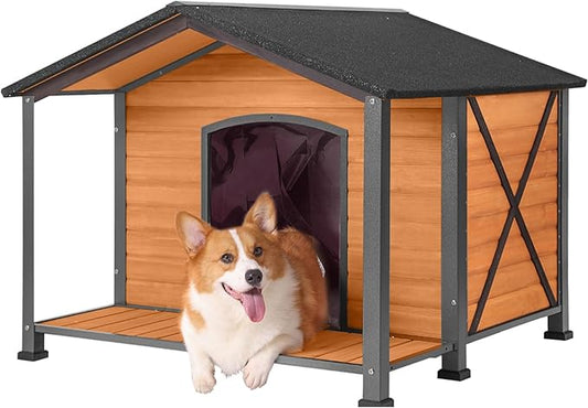 Aivituvin Dog House Outdoor with Metal Frame, Dog Kennel Outside for Large Breed, 41.5" Weatherproof Large Dog Shelter with Anti-Chewing Iron Frame, Brown (41.38" D x 41.54" W x 34.05" H)
