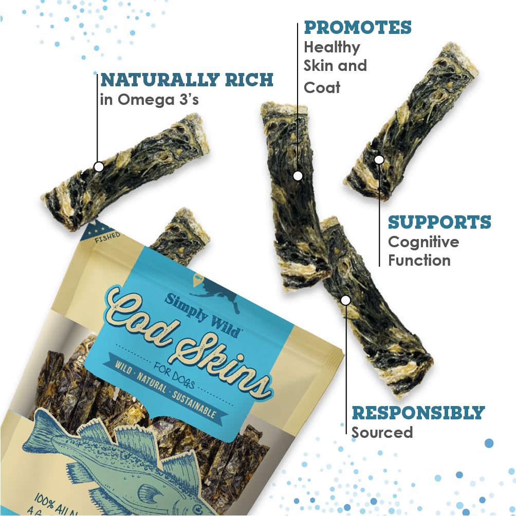 Simply Wild Cod Skins Alaskan Cod Fish Training Treats for Dogs-Dehydrated Fish, All Natural Human Grade Skins - Low Fat Treat Sustainably Sourced in USA (6.6 Oz)