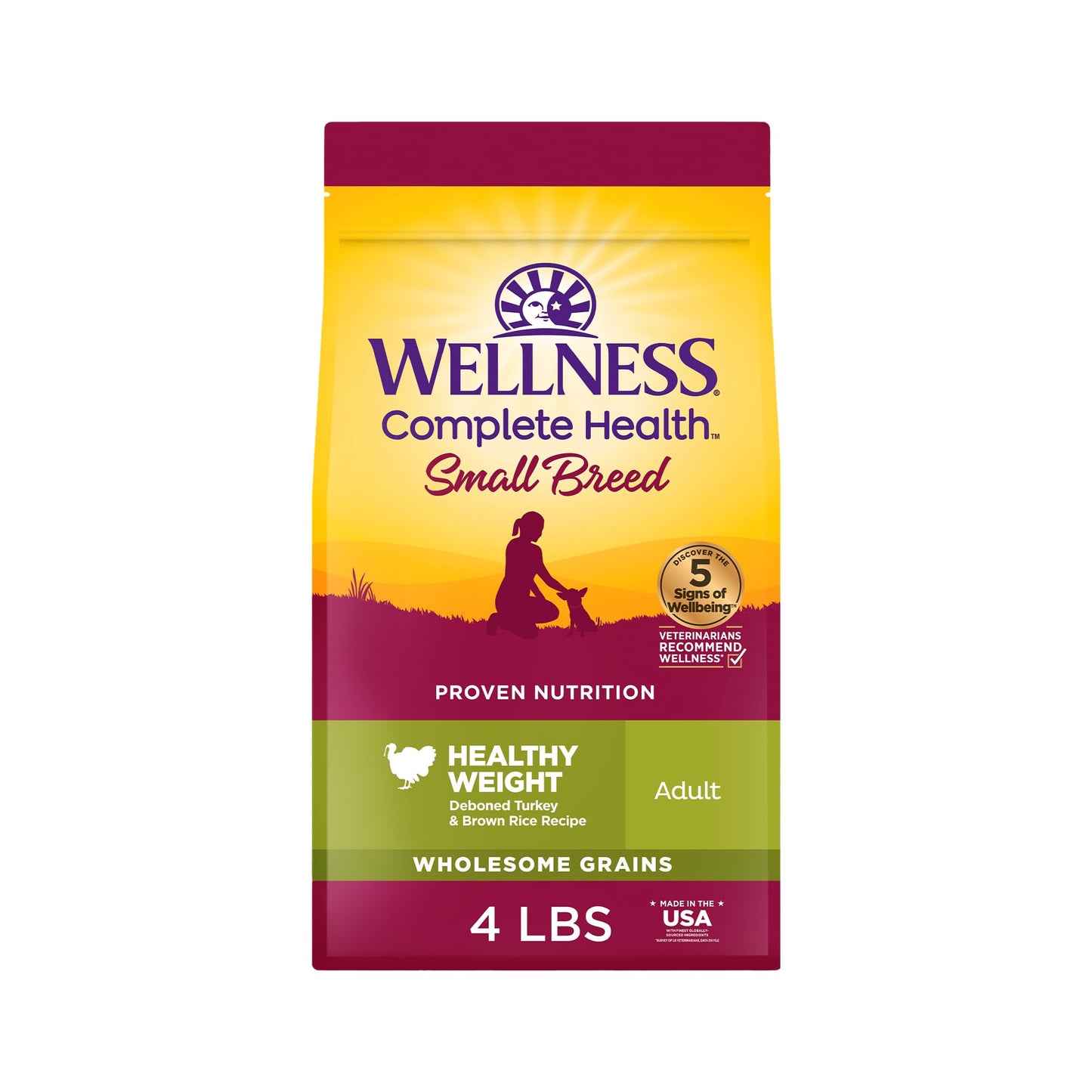 Wellness Complete Health Small Breed Dry Dog Food with Grains, Natural Ingredients, Made in USA with Real Turkey, For Dogs Up to 25 lbs (Adult, Healthy Weight Turkey & Rice, 4-Pound Bag)
