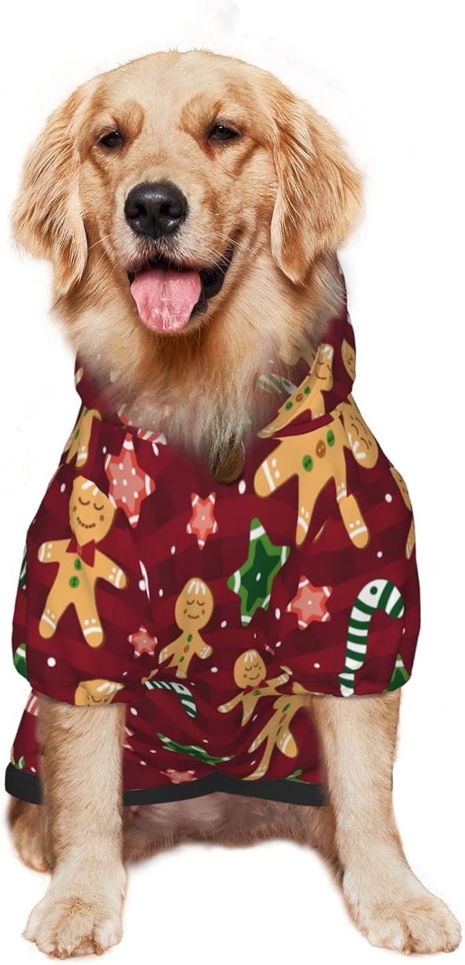 Christmas with Gingerbread Men, Candies Hoodie,Christmas Cosplay Dog Clothes with Pocket and Hat Winter Clothes Sweaters X-Small