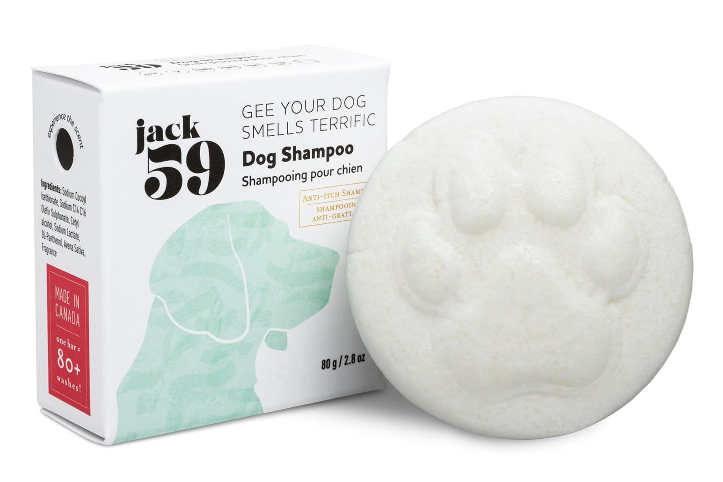 Jack59 Dog Grooming Bar with Conditioners for Skin - Organic, Vegan, pH Balanced, All-Natural Shampoo and Bath Bar for Puppies and Dogs, Gee Your Dog Smells Terrific, 80g