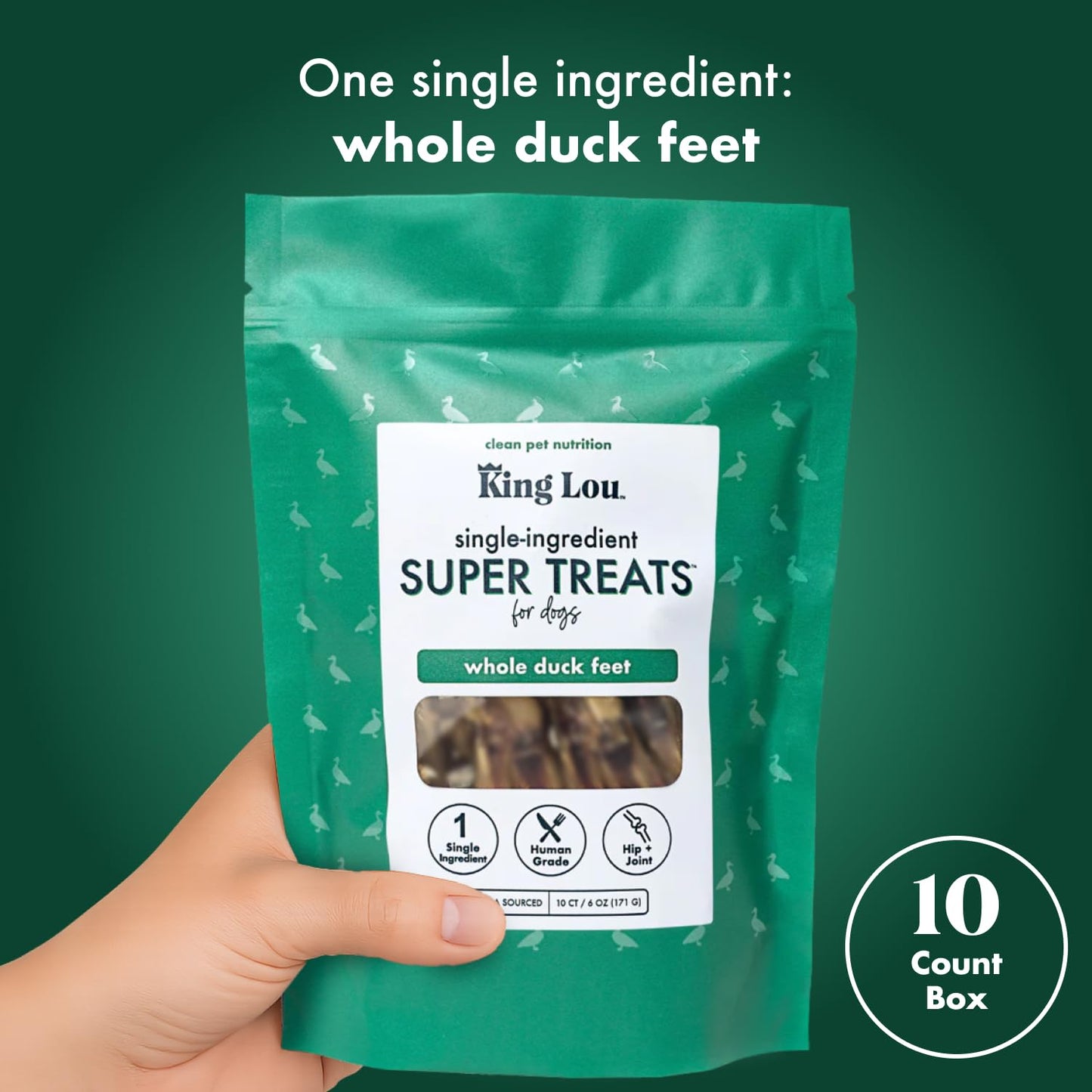 King Lou Pets - Whole Duck Feet for Dogs - Dehydrated Duck Dog Treats - USA-Made Dental Treats for Dogs - Collagen, Glucosamine, Chondroitin for Hip and Joint Health - 10 Count