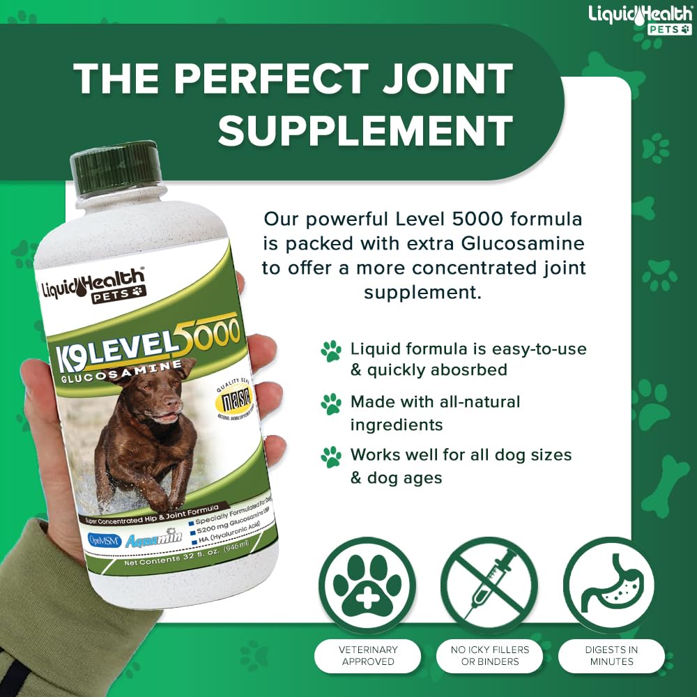 LIQUIDHEALTH Pets K9 Level 5000 Glucosamine Chondroitin Hip & Joint Formula & K9 Complete 8-in-1 Multivitamin - Dogs & Puppies Supplement Bundle for Joint Health, Mobility, Immune Support - USA Made