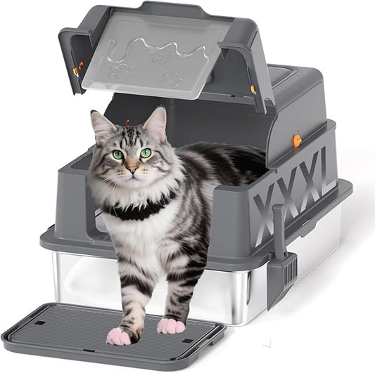 Homegroove XXXL Stainless Steel Litter Box with Lid, 28''x20''x18'' Extra Large Cat Litter Box with Litter Scoop & Pedal, Enclosed Metal Cat Litter Pan for Large & Multi-Cats, Anti-Leakage (Grey)