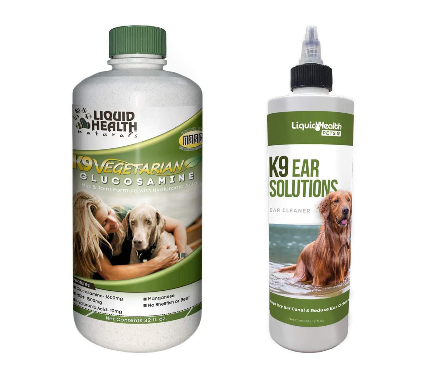 LIQUIDHEALTH Pets K9 Vegetarian Glucosamine Hip & Joint Support Formula & K9 Ear Wash Solutions for Dogs & Puppies - Pet Bundle for Dog Joint Health, Canine Hygiene, Cleaning Treatment - Made in USA