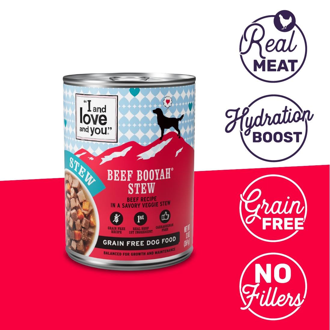 I AND LOVE AND YOU Wet Dog Food - Beef Booyah Stew - Beef Recipe, Grain Free, Filler Free 13oz can, 12pk