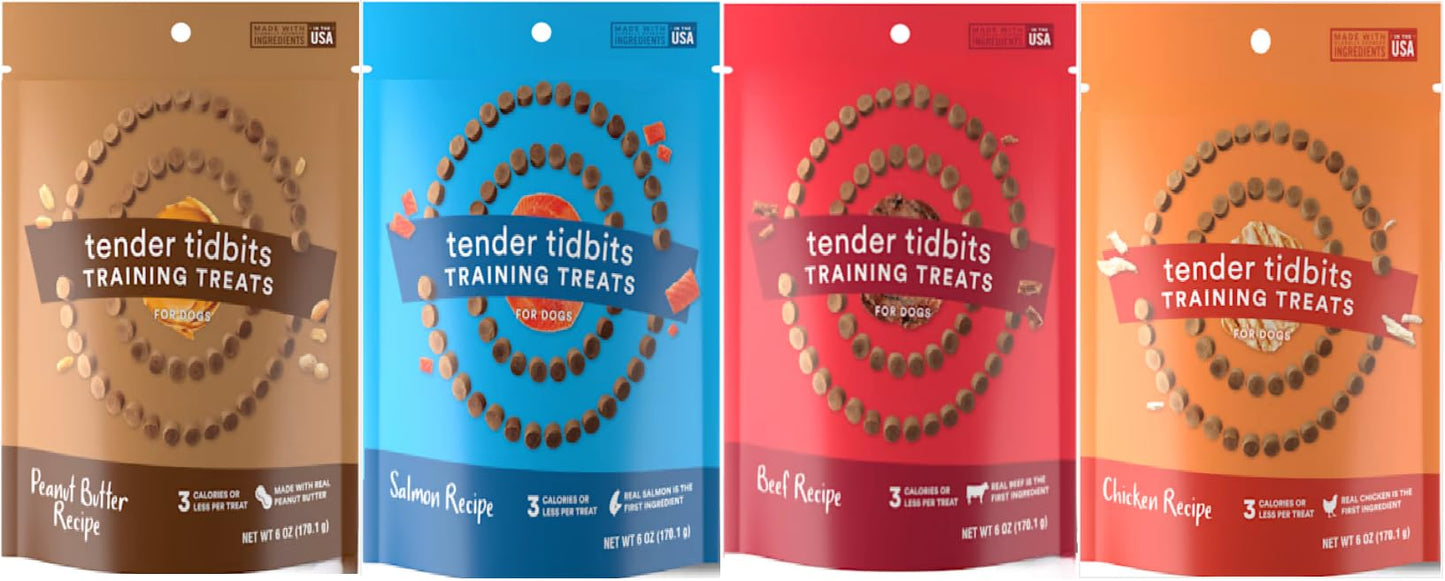 Natural Grain-Free Puppy & Dog Training Treats – Tender Tidbits (Beef, Chicken, Peanut Butter & Salmon) Made in USA (24oz, Variety)