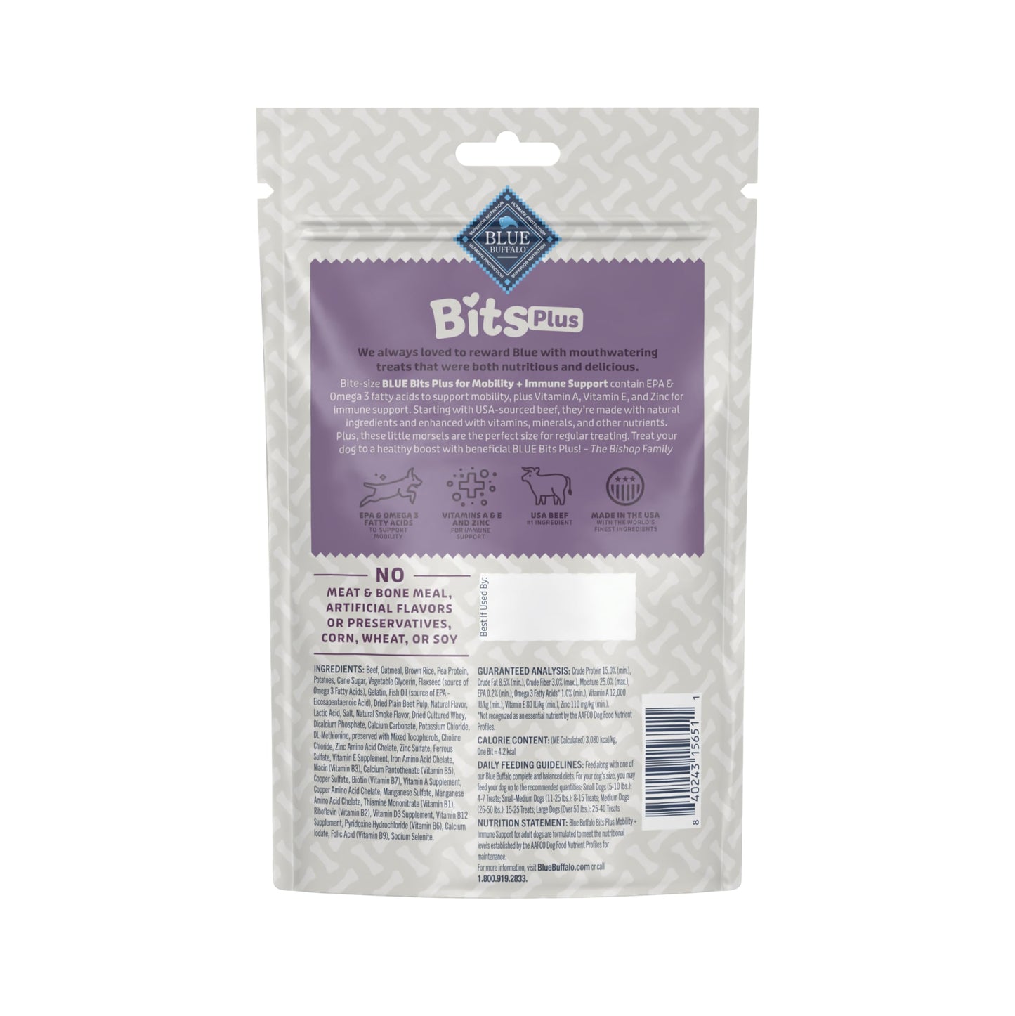 Blue Buffalo Blue Bits Plus Mobility and Immune Support Daily Benefit Dog Treats, Soft & Chewy Beef Morsels, 9.5-oz. Bag