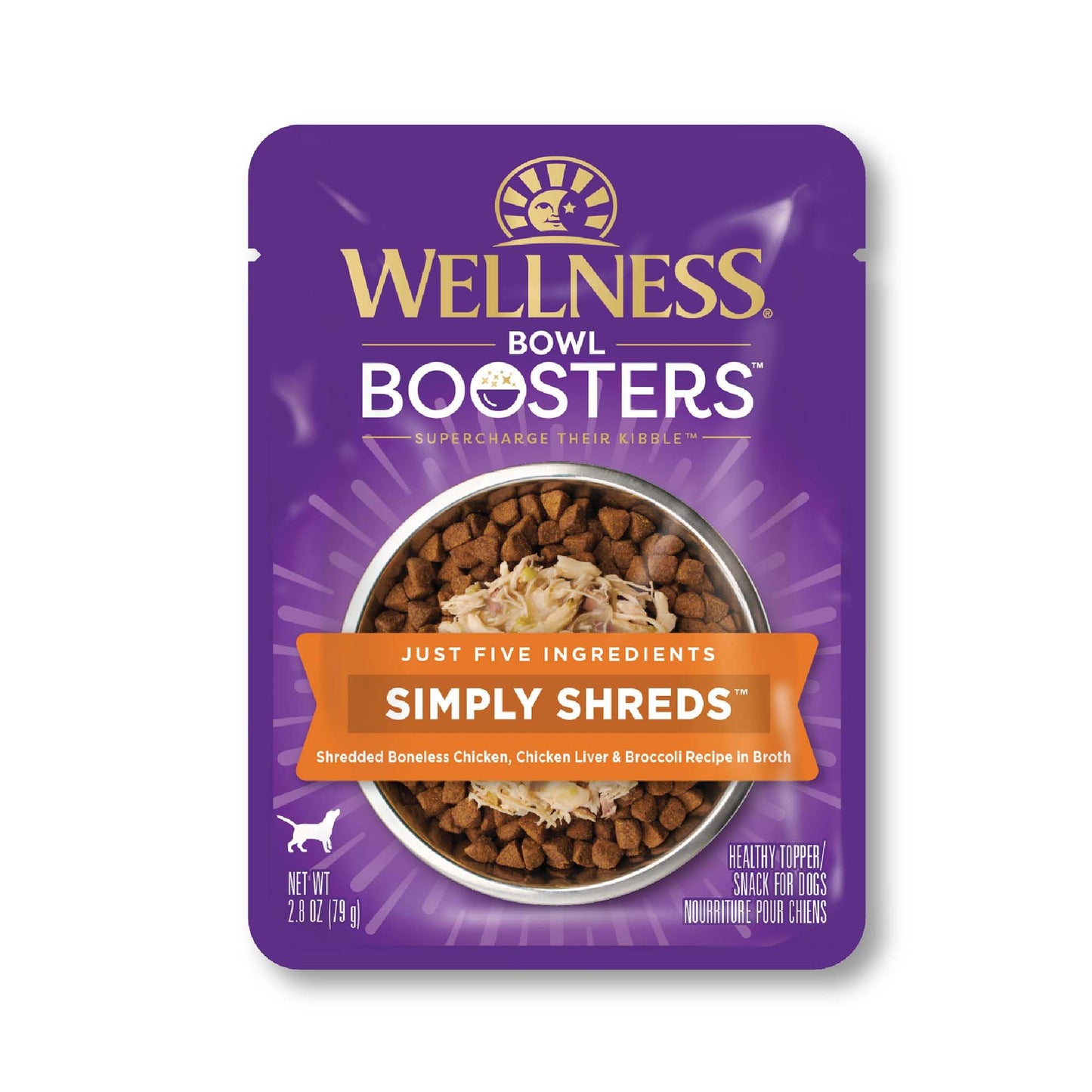 Wellness Bowl Boosters Simply Shreds Wet Dog Food Topper for Small, Medium, & Large Breeds, Grain Free, Natural, Chicken Liver & Broccoli, 2.8 Ounce Pouch (Pack of 12)