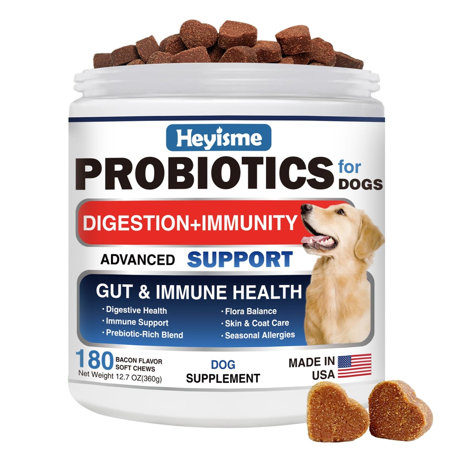 HEYISME Probiotics for Dogs, Improve Yeast Balance, Itchy Skin Itchy Ears, Gut Health, Allergies, Immunity, Dog Probiotics and Digestive Enzymes with Prebiotics - Reduce Diarrhea (180 Chews, Bacon)