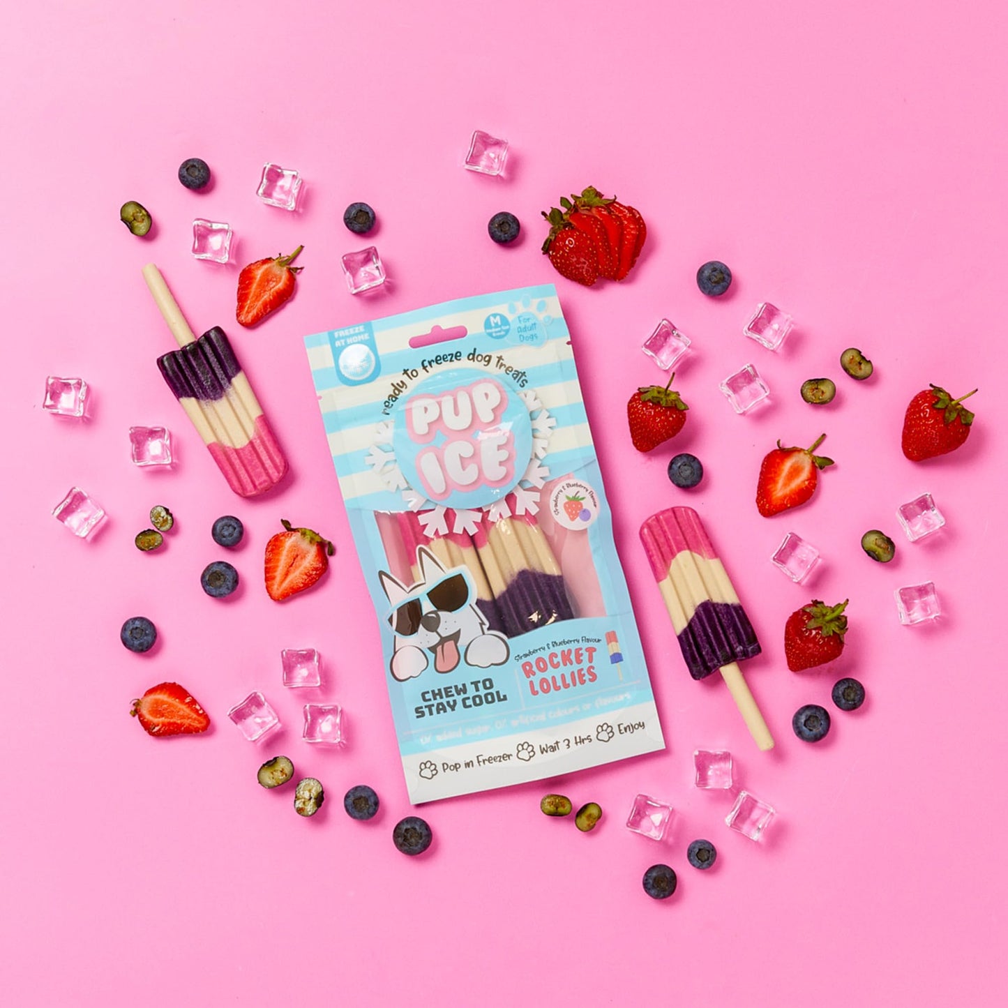 SPOT Pup Ice- Ready to Freeze at Home Dog Treats-Edible Chews for Medium Breed Dogs & Puppies with Real Chicken to Keep Your Pup Cool Year Round, Rocket Lollies Strawberry & Blueberry Flavor, 2pcs