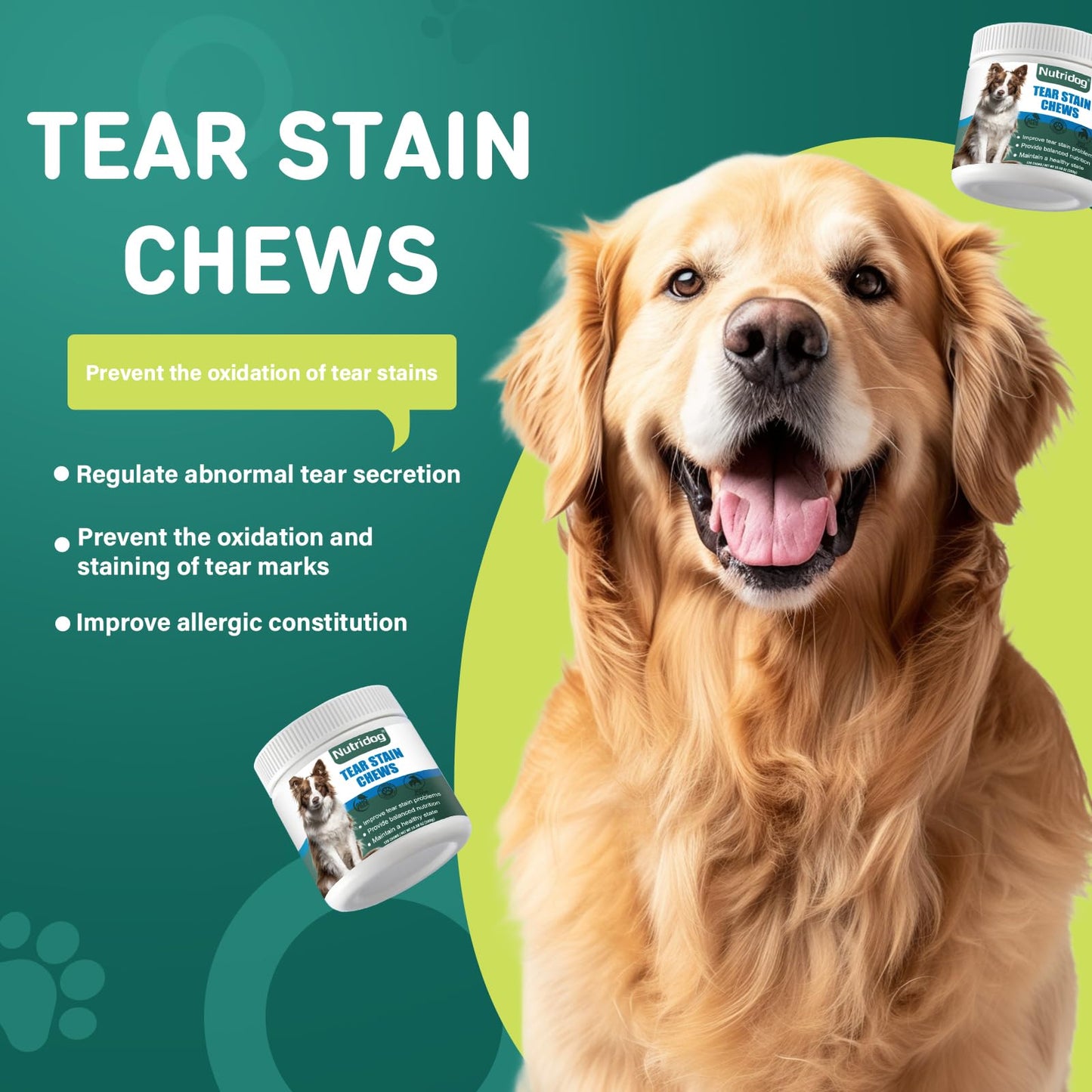 Nutridog Tear Stain Chews for Dogs - Dog Tear Stain Remover & Supplement with Antioxidant Blend, Vitamin C, Lutein - 120ct Beef Flavor Soft Chews for Eye Health & White Fur Care (ND-038)
