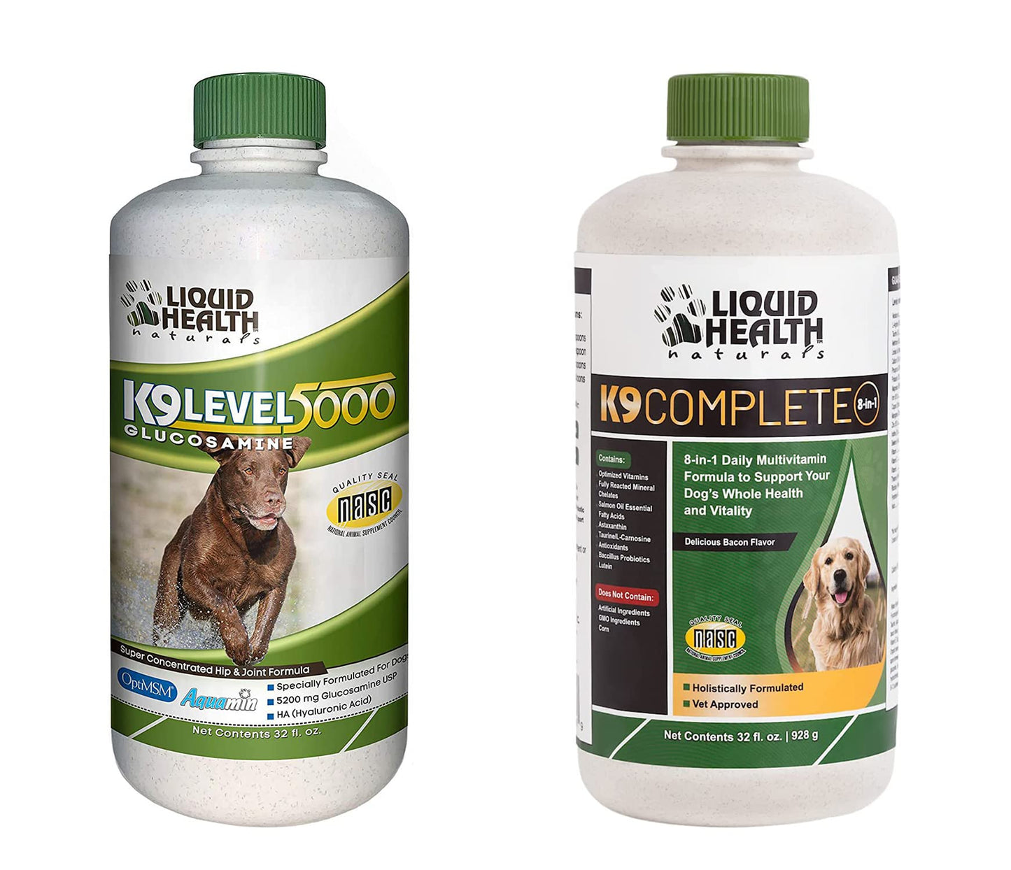 LIQUIDHEALTH Pets K9 Level 5000 Glucosamine Chondroitin Hip & Joint Formula & K9 Complete 8-in-1 Multivitamin - Dogs & Puppies Supplement Bundle for Joint Health, Mobility, Immune Support - USA Made