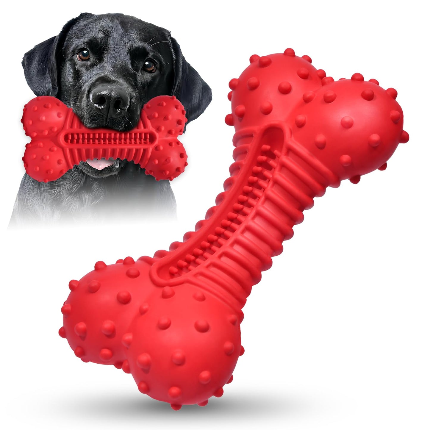 Ouilter Dog Toys for Aggressive Chewers, Dog Chew Toys for Medium Large Dogs, Durable Natural Rubber Dog Toys with Bacon Flavor, Indestructible Dog Toy, Red