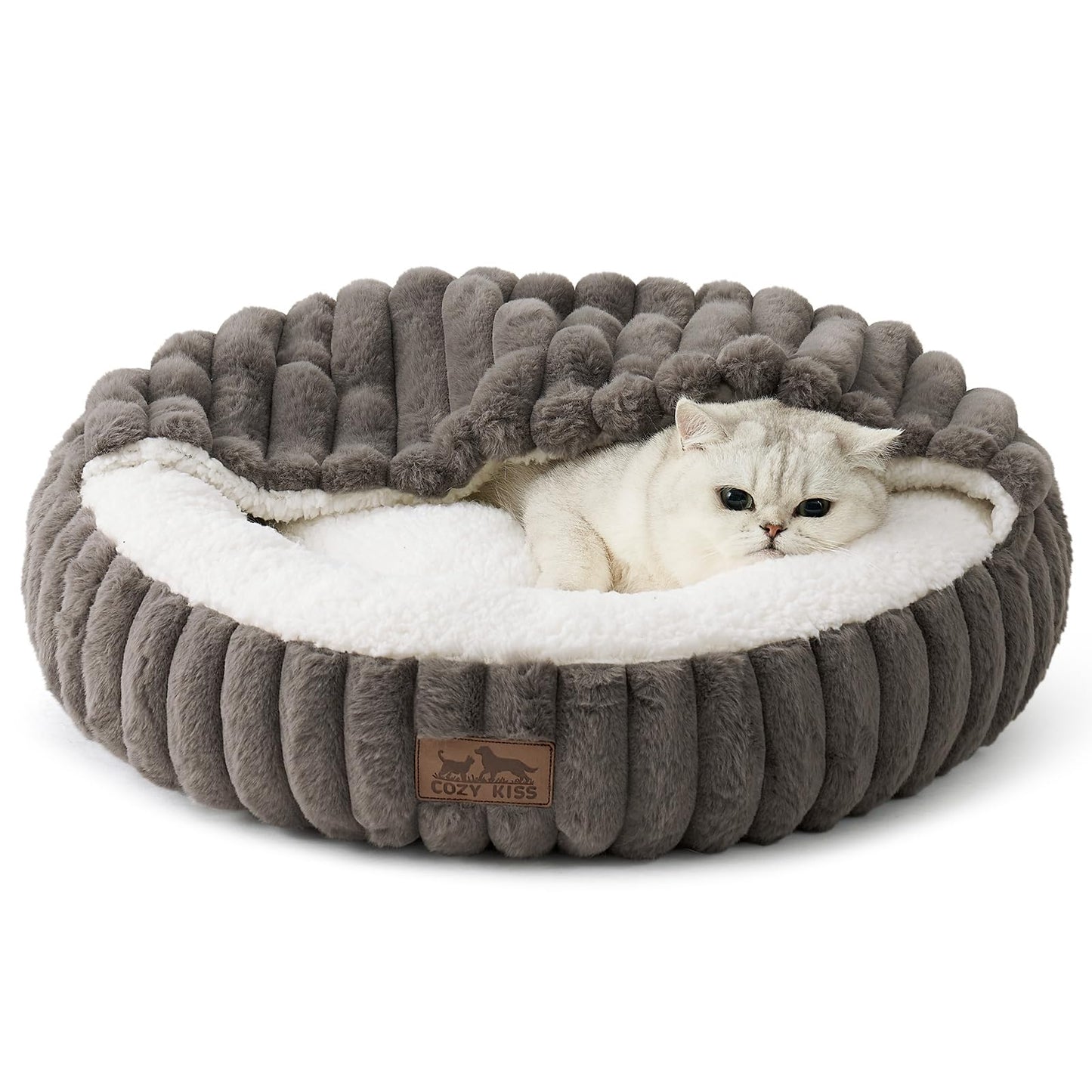Cat Bed with Hooded Blanket, Round Fluffy Anti-Anxiety Pet Bed for Cats/Toy Breed Dogs, Cozy Donut Cuddler with Machine Washable Faux Fur & Anti-Slip Bottom(20"×20"×6",Grey)