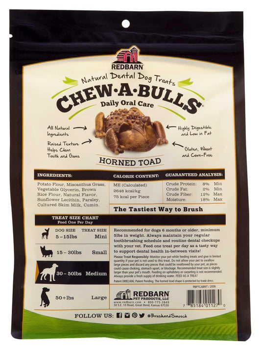 Redbarn Chew-A-Bulls, 12 Pack – Medium Toad Shape Dog Dental Treats – Daily Oral Care with Fun Ridges & Grooves, All Natural Ingredients, Highly Digestible Chews & Low in Fat