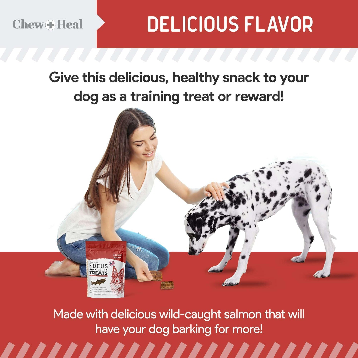 Chew + Heal Labs Dog Salmon Jerky Treats with Cognitive Support - 5 oz of Wild Caught Salmon Jerky Dog Treat - Made with Gingko Biloba, Blueberries, Cranberries, Pumpkin, and More - Made in The USA