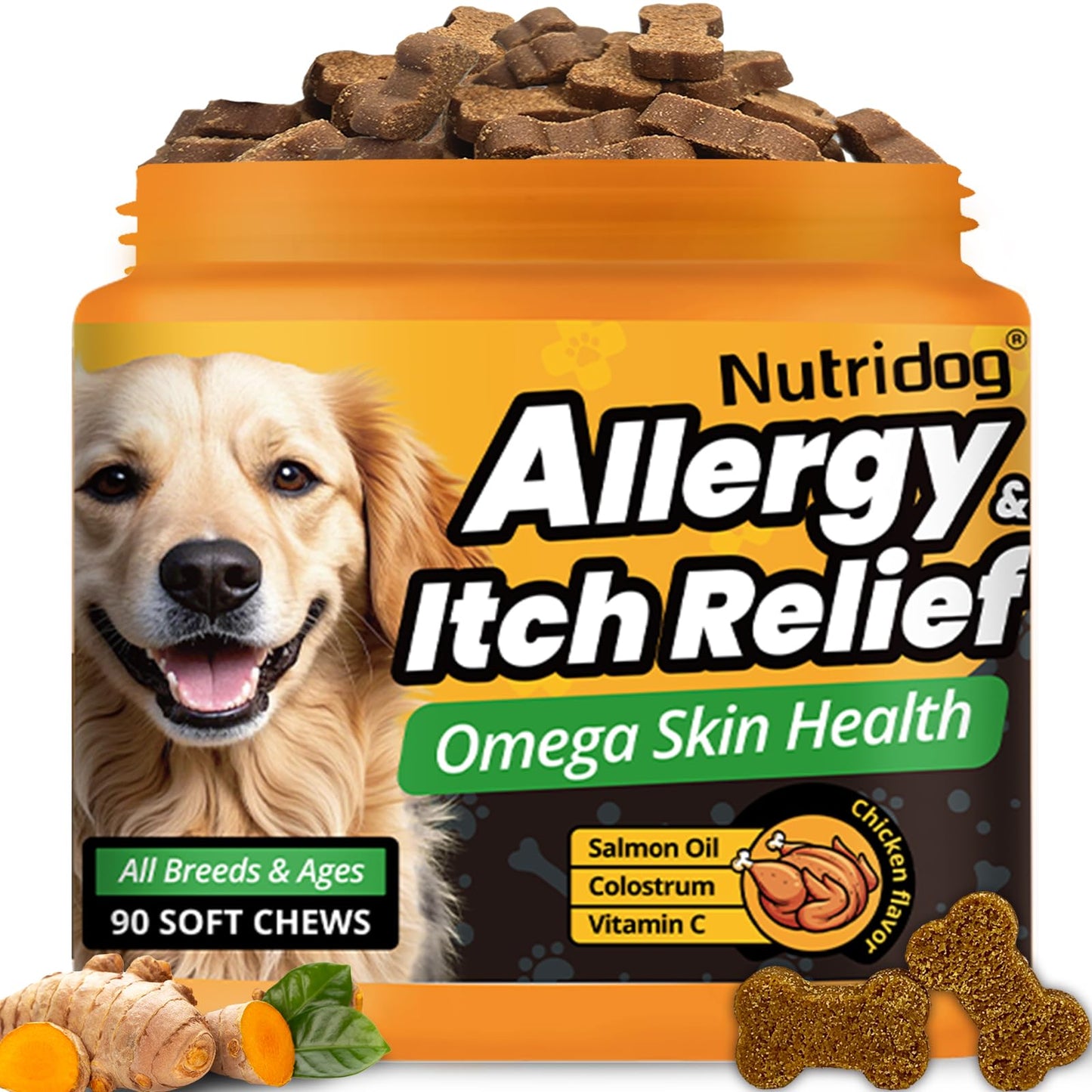 Nutridog Allergy Chews for Dogs - Dog Itching Skin Relief & Seasonal Allergy Support with Chamomile, Salmon Oil, Quercetin - Probiotic Dog Allergy Relief Treats, Chicken Flavor (90 Count, Chicken)