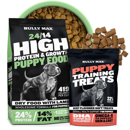 Bully Max Puppy Growth Lamb Dry Food 24/14 (5 lbs.) + Puppy Training Treats, Beef Flavor – for Small Dogs and Large Breed Puppies – Supports Healthy Growth, Training and Skin & Coat