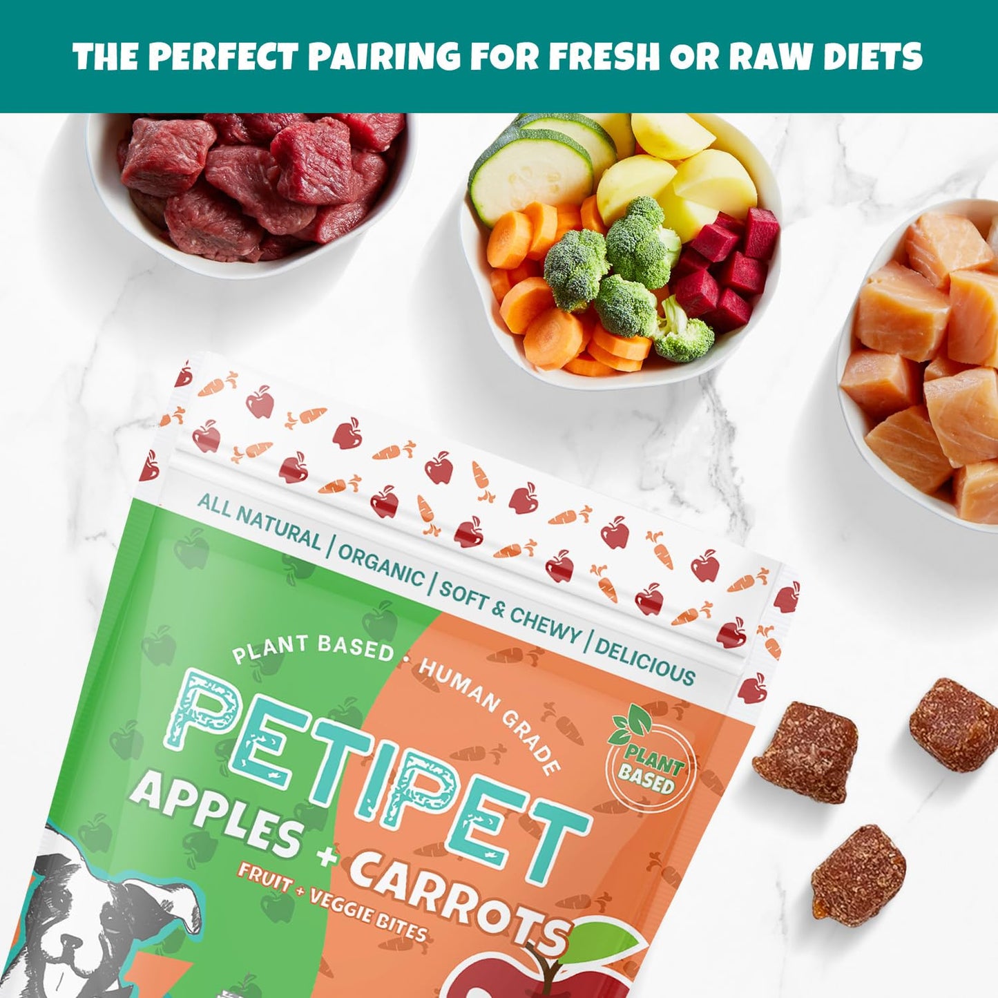 PETIPET Apples+Carrots Plant-Based Fruit Dog Treats - Carrot and Apple Soft & Chewy - Healthy Vegetarian, Vegan Dog Treats with Organic Ingredients - Low-Protein, Hypoallergenic, Gluten-Free