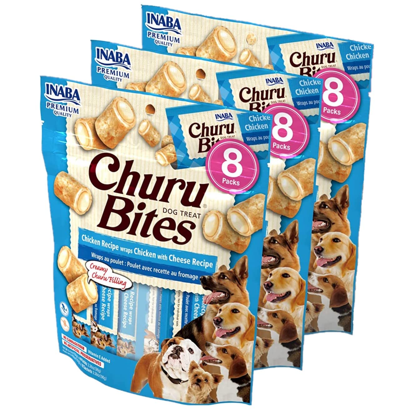INABA Churu Bites for Dogs, Grain-Free, Soft/Chewy Baked Chicken Wrapped Churu Filled Dog Treats, 0.42 Ounces Each Tube | 24 Tubes Total, Chicken with Cheese Recipe