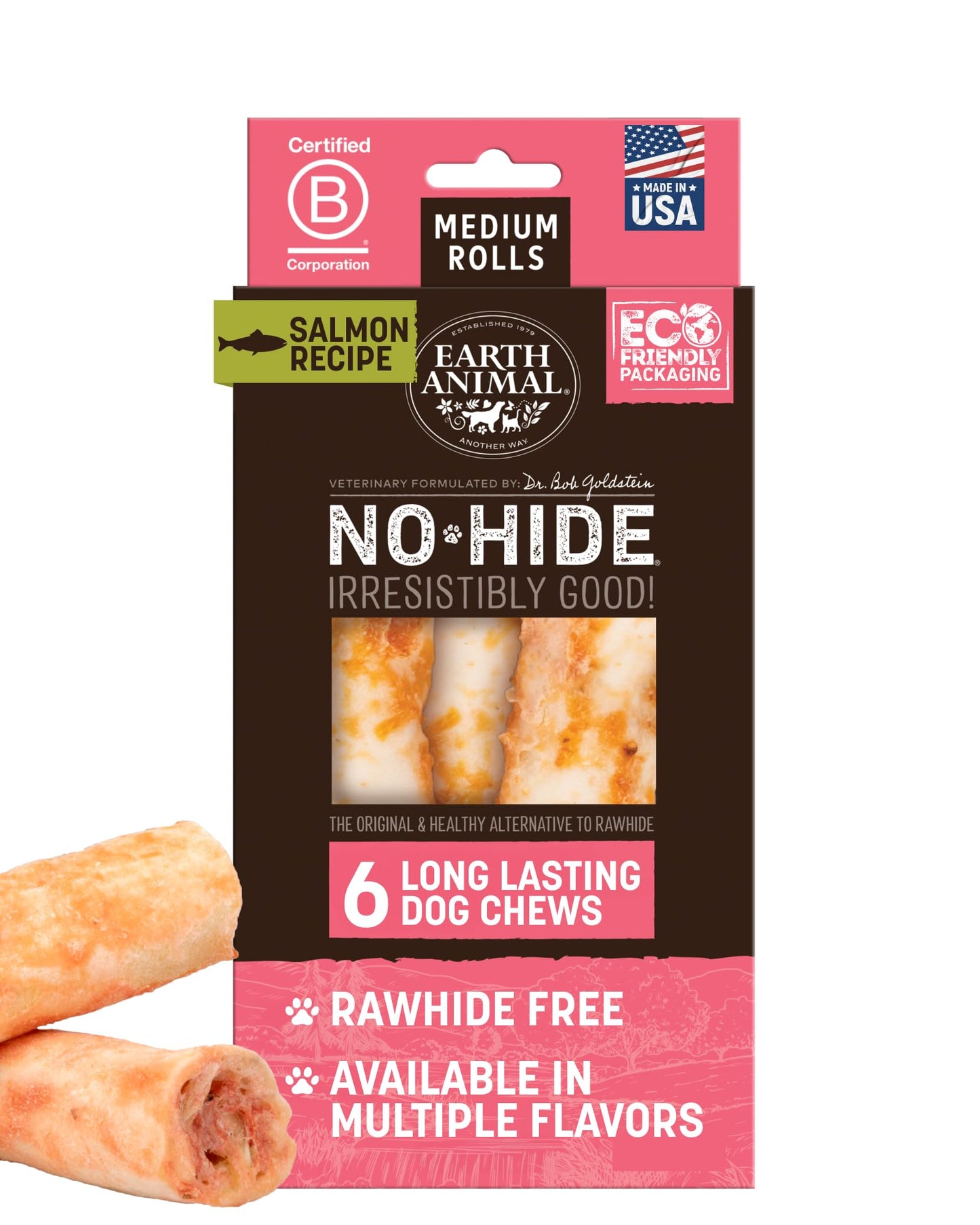 Earth Animal No Hide Medium Salmon Flavored Natural Rawhide Free Dog Chews Long Lasting Chew Sticks | Treats for Large Dogs | Great for Aggressive Chewers - 6 Count