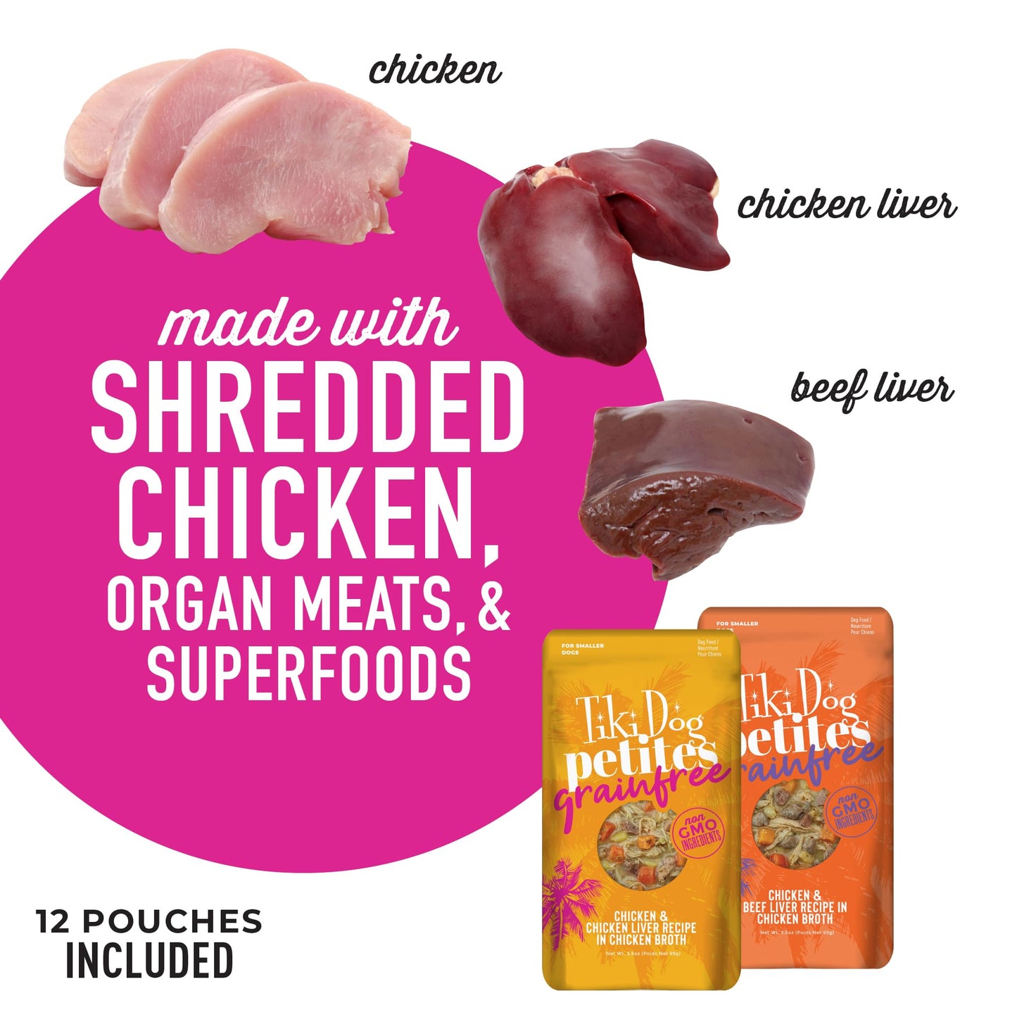 Tiki Dog Aloha Petites, Variety Pack, Nutrient Dense Meat, Wet Dog Food For Small Breed Dogs and All Life Stages, 3 oz. Pouch, Pack of 12