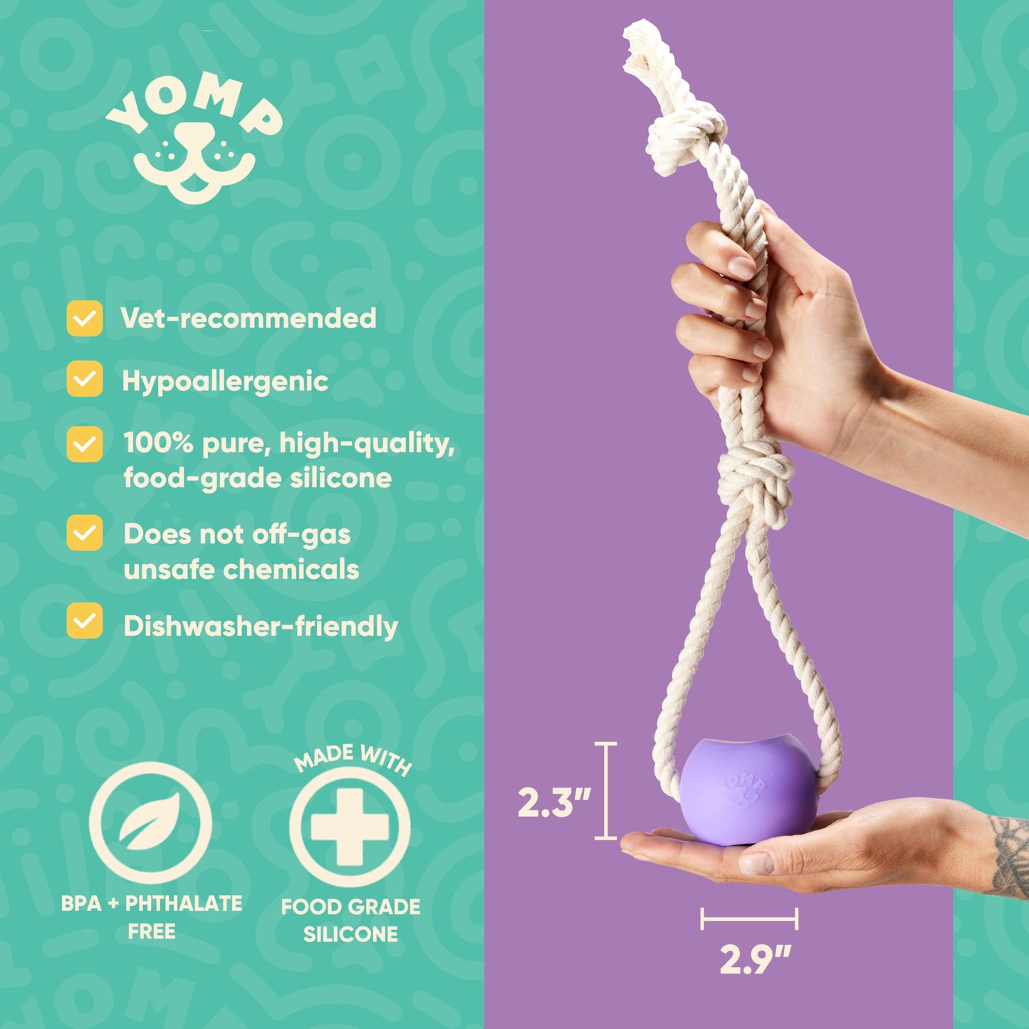 Yomp BallRope Ball on a Rope Dog Toy – Interactive Tug of War Toy for Soft and Medium Chewers, Teething Puppy Ball – Made from Pet-Safe, Non-Toxic Silicone
