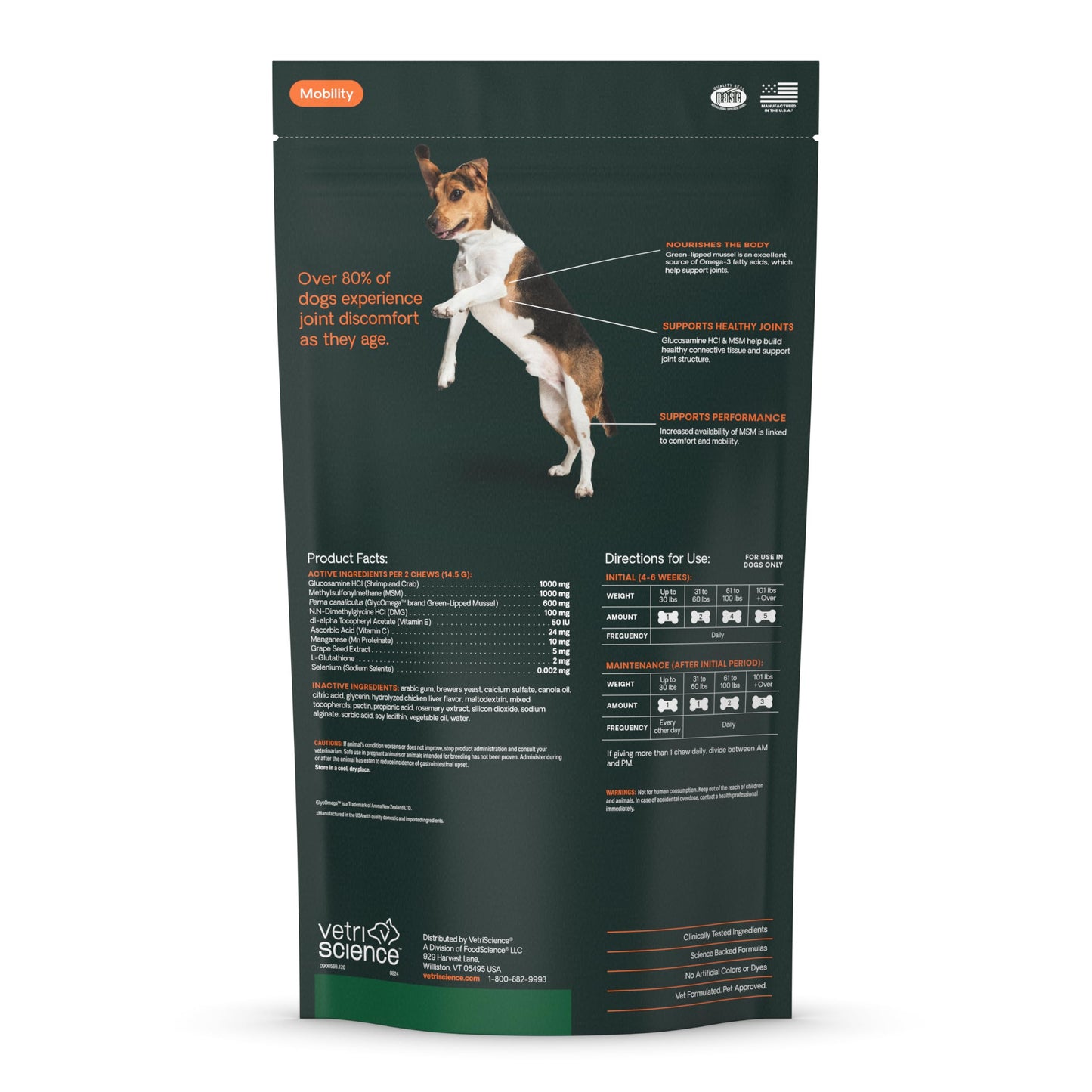 VetriScience Extra Strength Healthy Hip & Joint Chews, GlycoFlex 3, Glucosamine, Green-Lipped Mussel, Joint Support Supplement for Dogs, Promote Mobility & Soothe Joint Discomfort, Chicken, 120 Count