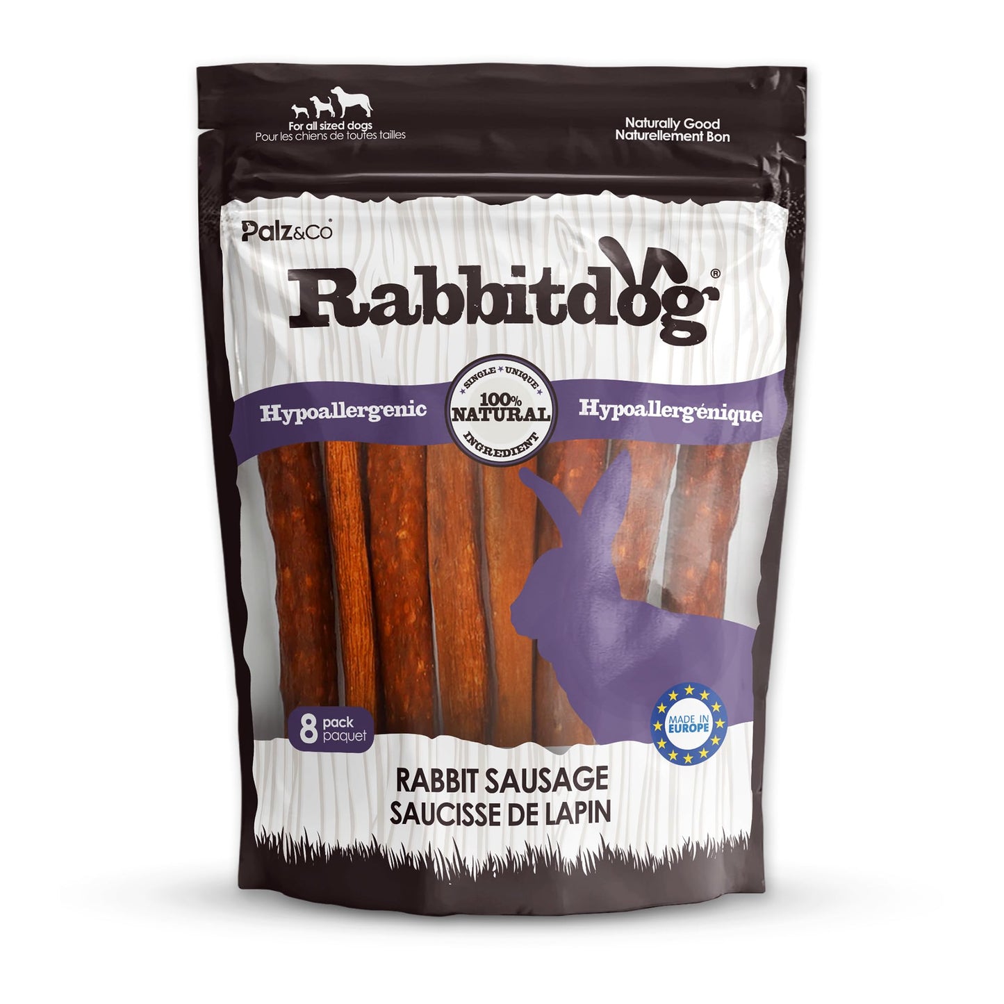 Rabbitdog Rabbit Sausage Dog Treats - 8 Pack of 100% Natural Single Ingredient Chews, Grain Free, High Protein, Soft & Chewy Texture