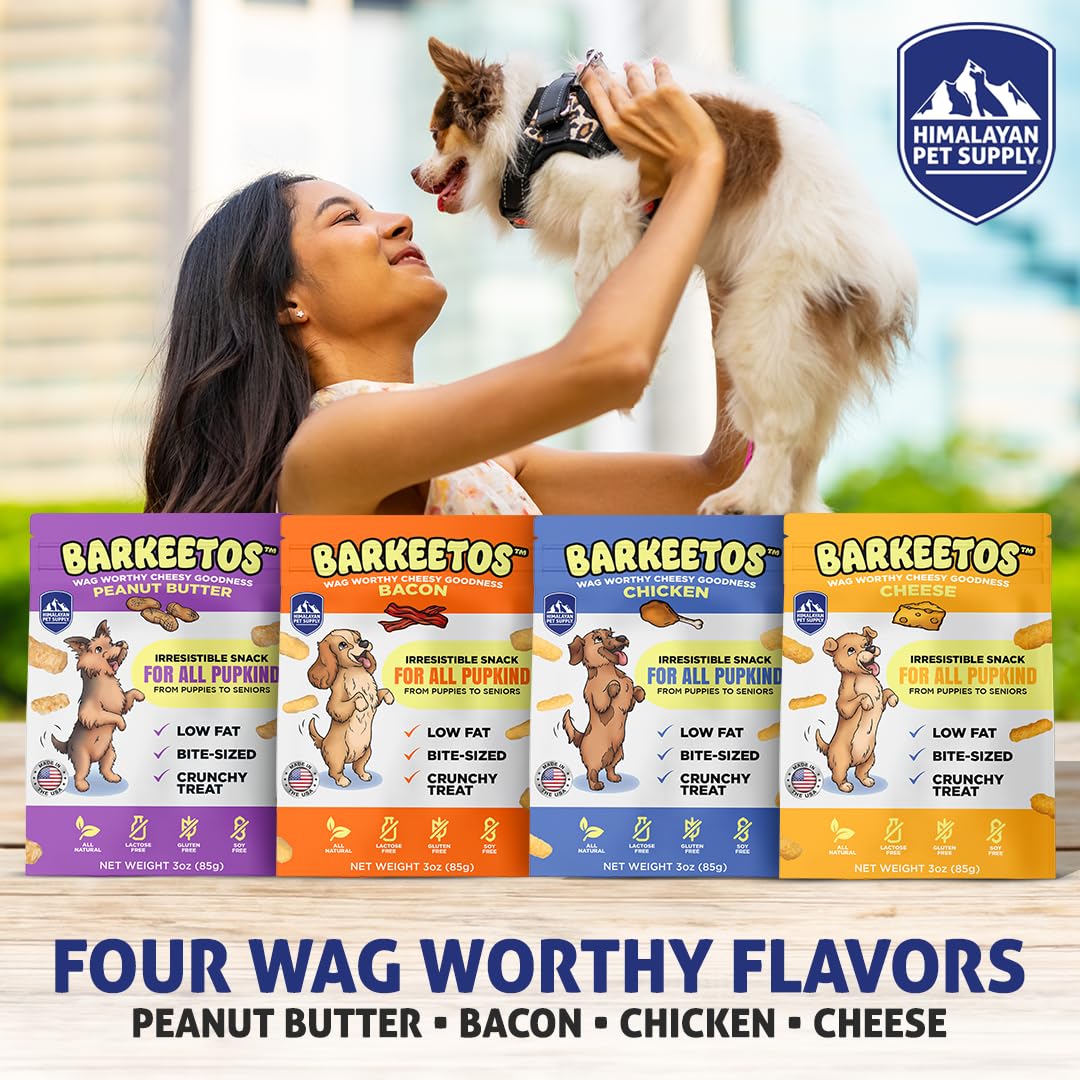 Barkeetos Dog Treats Variety Pack – Peanut Butter, Bacon, Cheese & Chicken – Crunchy Cheesy Snacks with Real Himalayan Cheese – Grain Free, Gluten Free, Lactose Free – for All Breeds - 4 Pack
